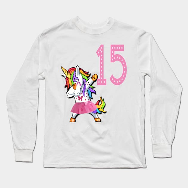 15th Birthday Dabbing Unicorn Birthday Girl for 15 years old Girl Young Woman Lady Long Sleeve T-Shirt by familycuteycom